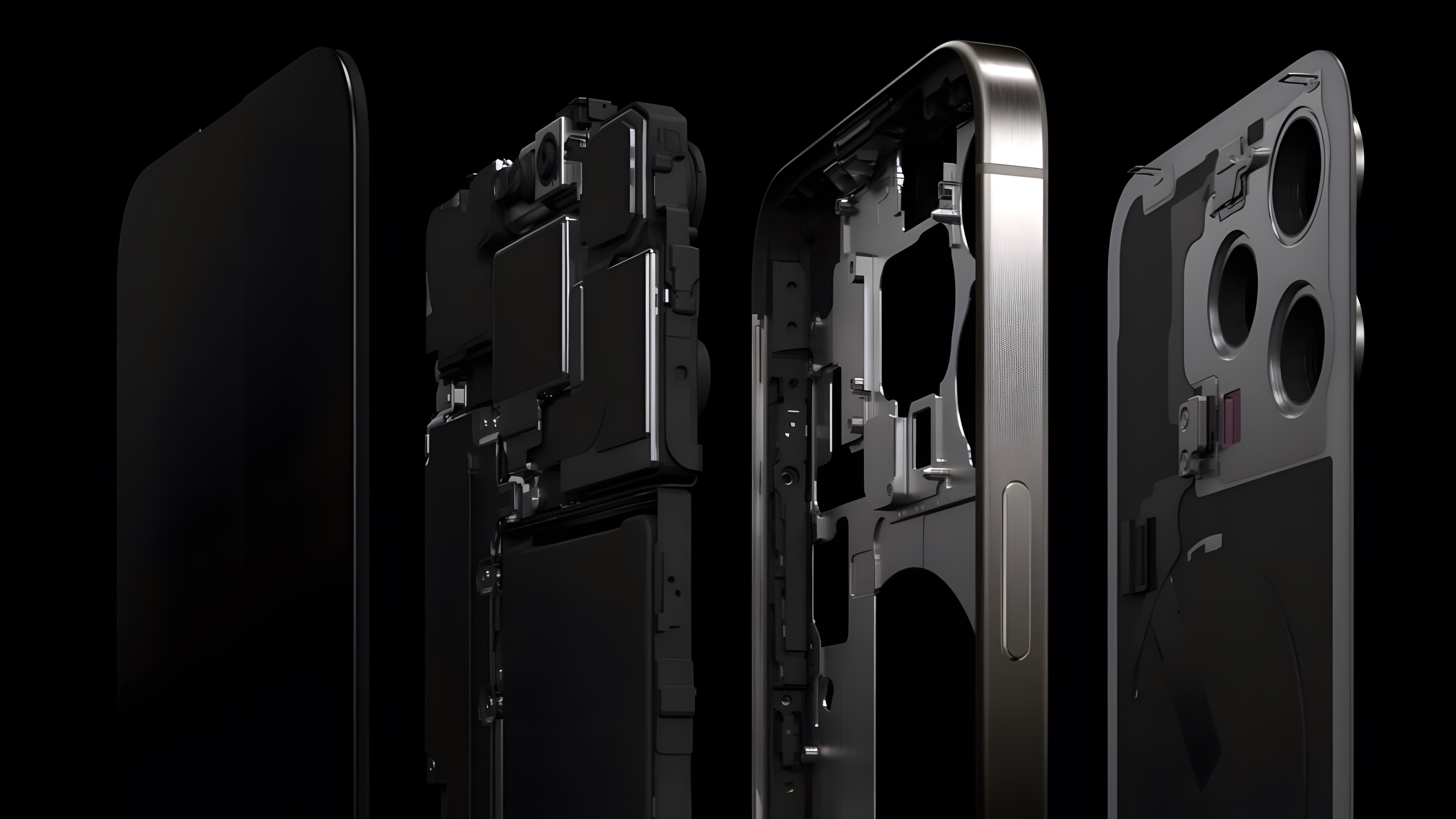 An iPhone separated into its layers: display, chassis, battery and rear camera assembly