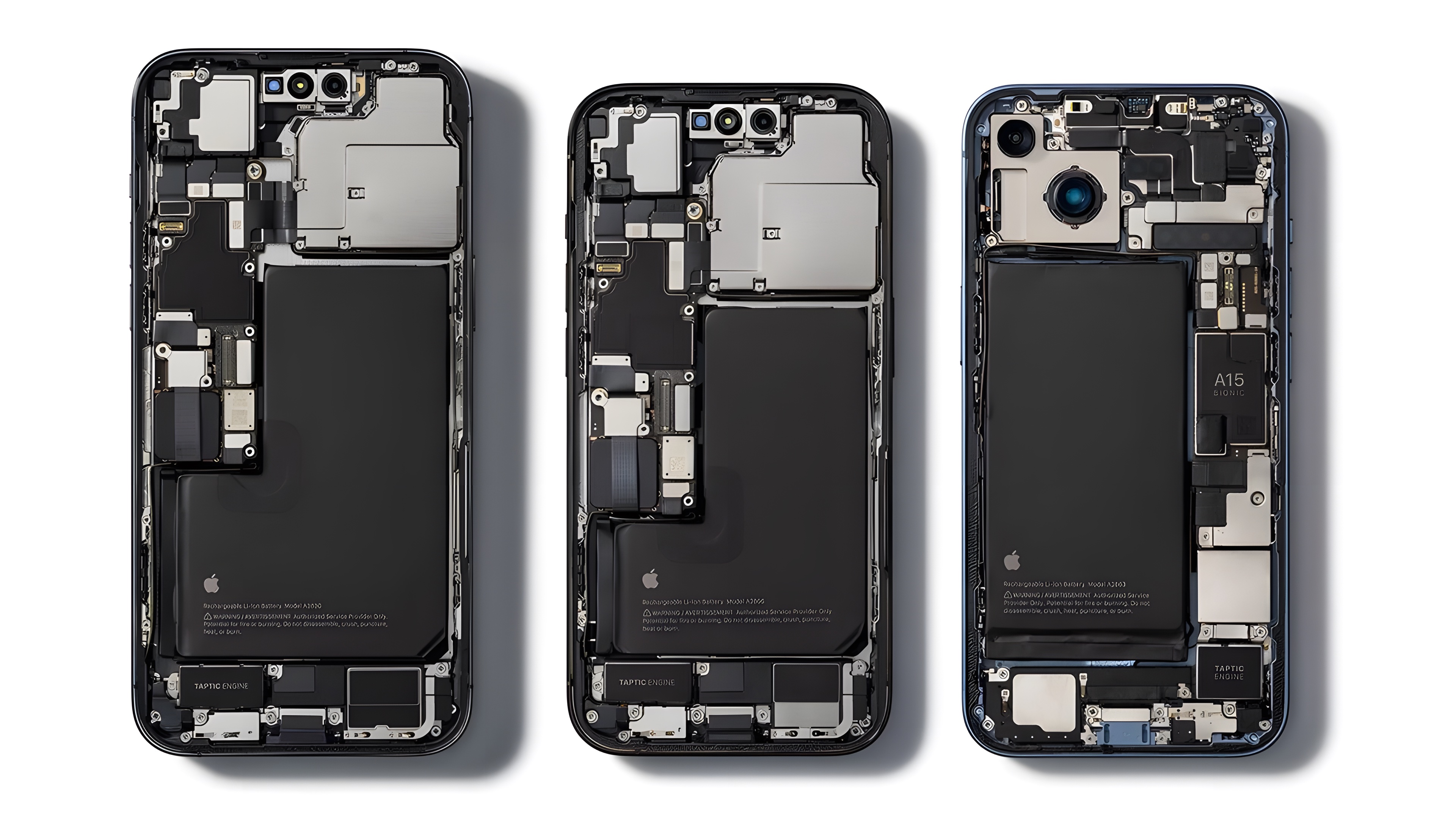 Three iPhones with their back panels removed, batteries and logic boards exposed