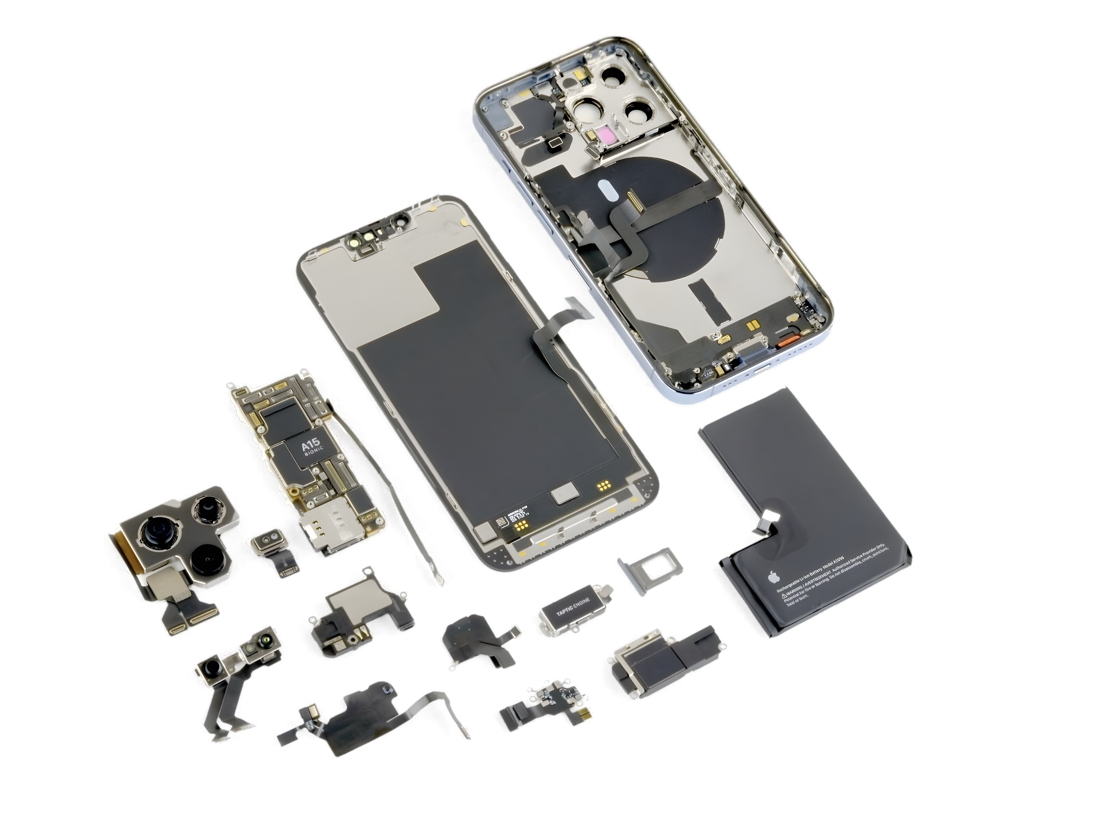An iPhone 13 Pro fully disassembled, every component laid out in order